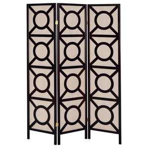 English Elm Tan Geometric Circle 3-Panel Folding Screen in Cappuccino Frame — Modern Privacy Divider, Jute Pine Finish B062P153652