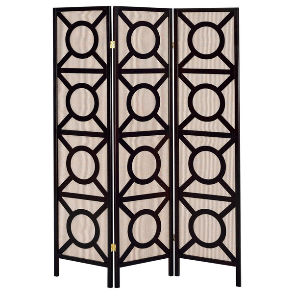English Elm Tan Geometric Circle 3-Panel Folding Screen in Cappuccino Frame — Modern Privacy Divider, Jute Pine Finish B062P153652