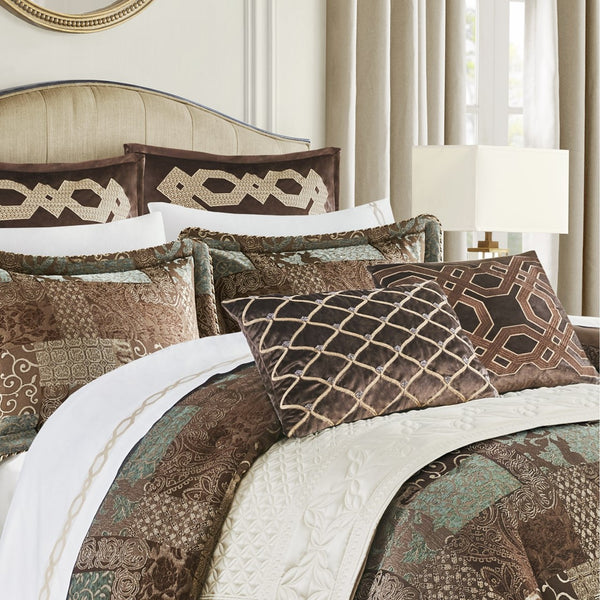 English Elm 4 Piece Comforter Set Cal King Patchwork Jacquard Chenille Warm Elegant Textured Bedding Ensemble Brown 21.25 L x 22.5 W x 12 H B035P148264