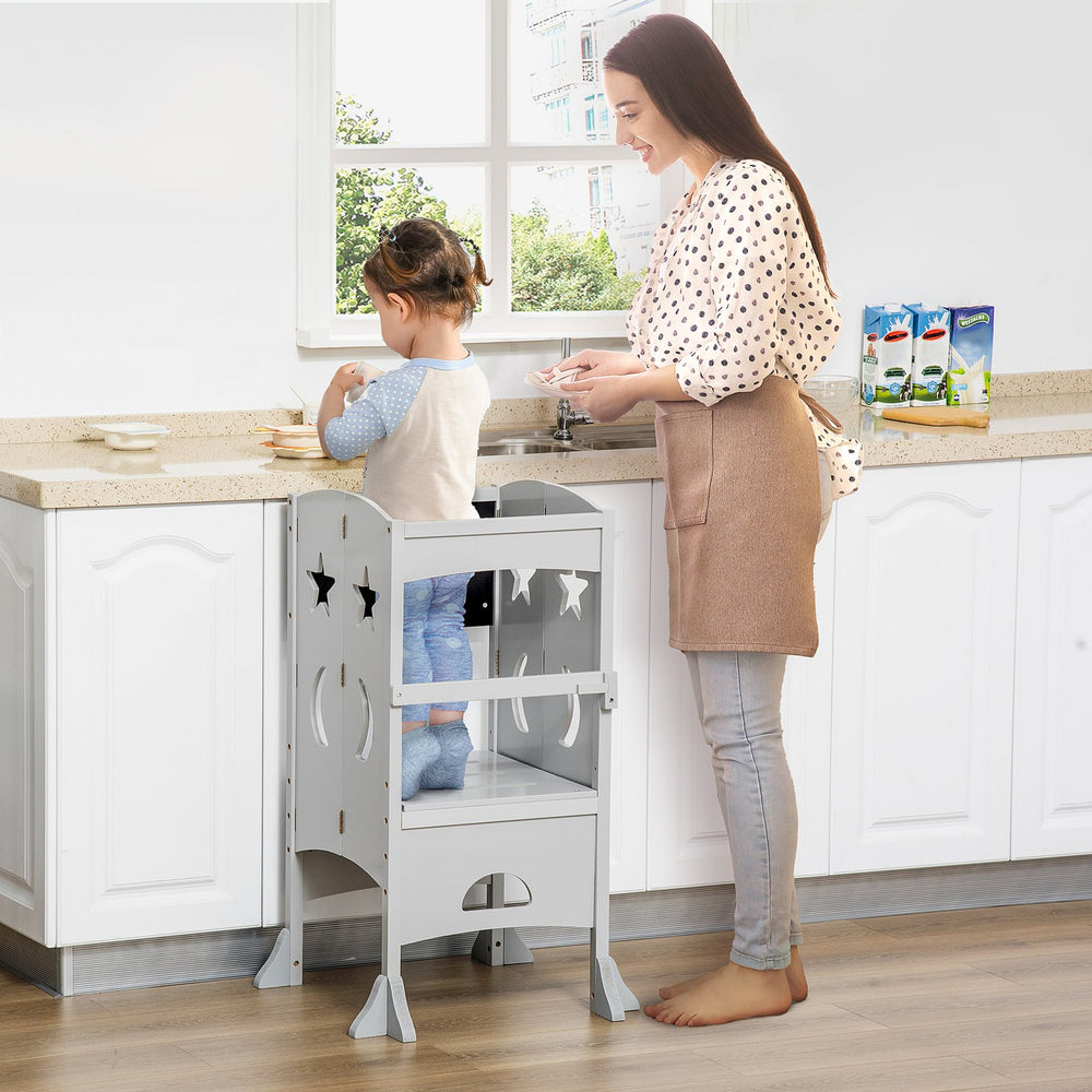 English Elm Kids Foldable Kitchen Step Stool Tower with Chalkboard & Lockable Handrail, Safe 3-6 Yr Helper Gray W2225P154790