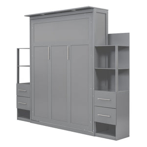 English Elm Queen Murphy Wall Bed with Led Lighting Open Shelves Drawers Space Saving Cabinet LP000566AAE-1
