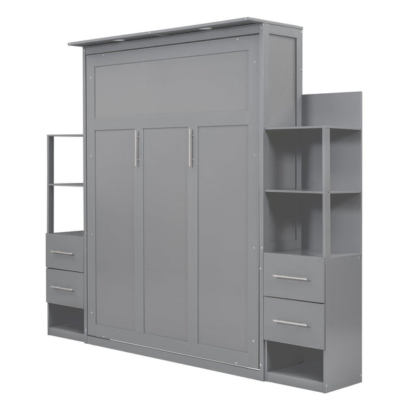English Elm Queen Murphy Wall Bed with Led Lighting Open Shelves Drawers Space Saving Cabinet LP000566AAE-1