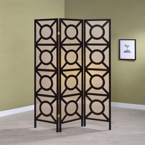 English Elm Tan Geometric Circle 3-Panel Folding Screen in Cappuccino Frame — Modern Privacy Divider, Jute Pine Finish B062P153652