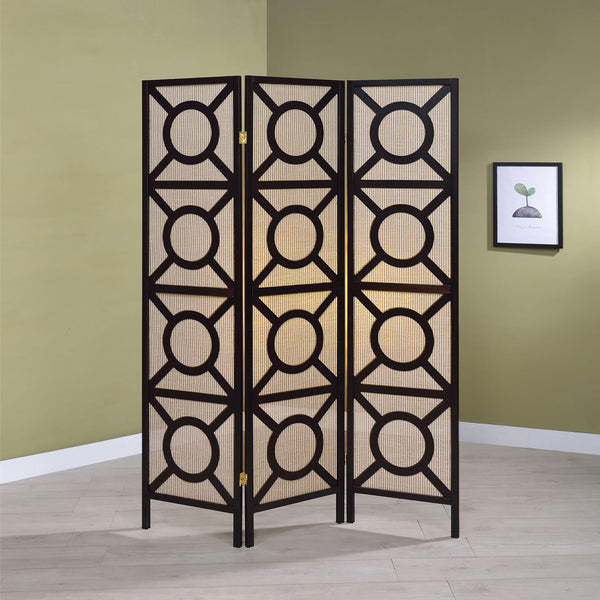 English Elm Tan Geometric Circle 3-Panel Folding Screen in Cappuccino Frame — Modern Privacy Divider, Jute Pine Finish B062P153652