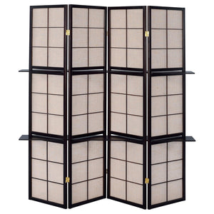 English Elm Tan 4-Panel Folding Screen with Cappuccino Frame, Vellum Panes & Wood Shelves for Stylish Room Divider B062P153646