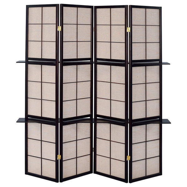 English Elm Tan 4-Panel Folding Screen with Cappuccino Frame, Vellum Panes & Wood Shelves for Stylish Room Divider B062P153646