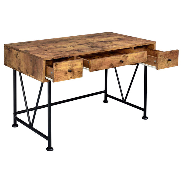 English Elm Antique Transitional 3-Drawer Writing Desk in Antique Nutmeg & Black with Bronze Handles, Sleek Metal Frame B062P153666