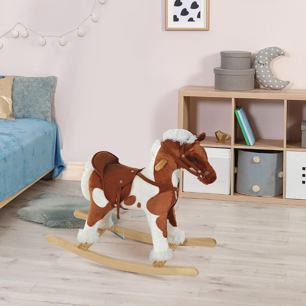 English Elm Wooden Toddler Rocking Horse Plush Ride on Toy with Interactive Sounds for Nursery W2225P154770