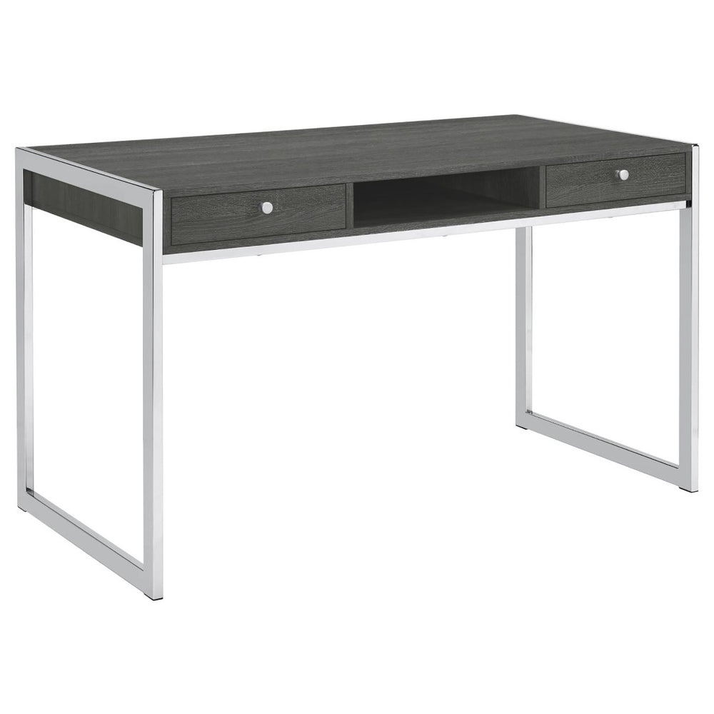English Elm Weathered Grey 2-Drawer Writing Desk – Modern Minimalist Design With Stylish Chrome Base & Storage Solutions B062P153657-GIGA