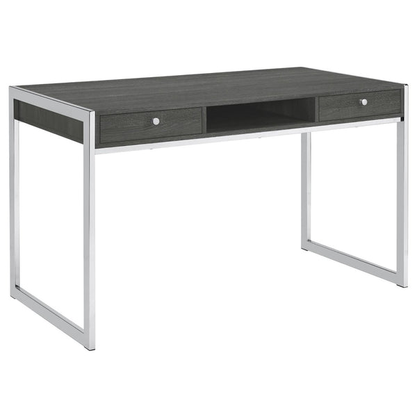 English Elm Weathered Grey 2-Drawer Writing Desk – Modern Minimalist Design With Stylish Chrome Base & Storage Solutions B062P153657-GIGA