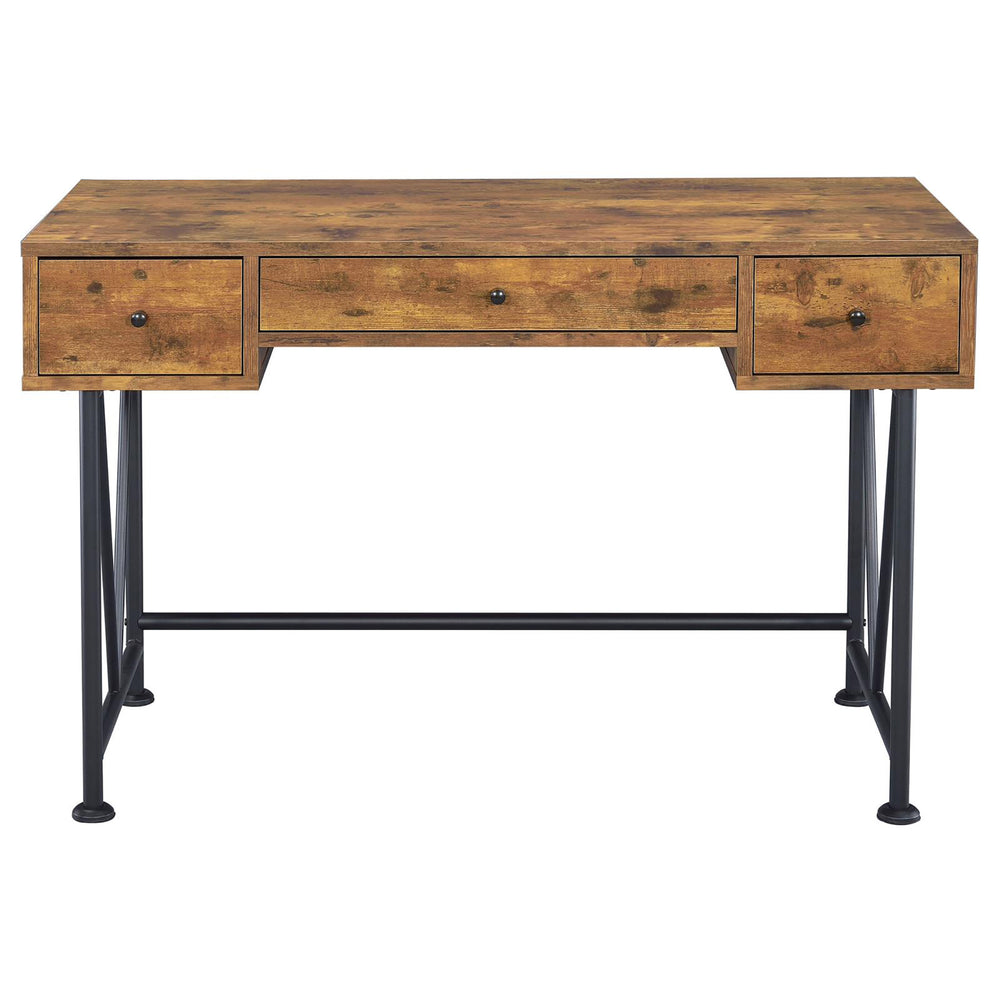 English Elm Antique Transitional 3-Drawer Writing Desk in Antique Nutmeg & Black with Bronze Handles, Sleek Metal Frame B062P153666
