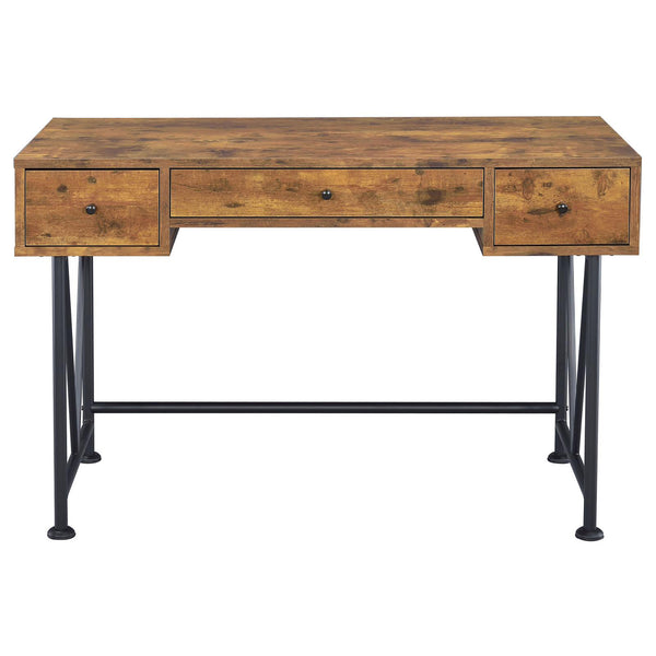 English Elm Antique Transitional 3-Drawer Writing Desk in Antique Nutmeg & Black with Bronze Handles, Sleek Metal Frame B062P153666