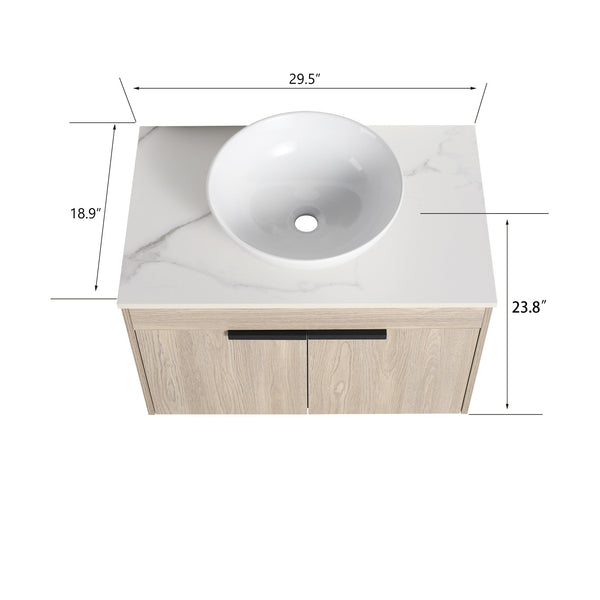 English Elm 30" Modern Floating Bathroom Vanity Set With Ceramic Sink, Soft Close Doors & Ample Storage Space W999S00020