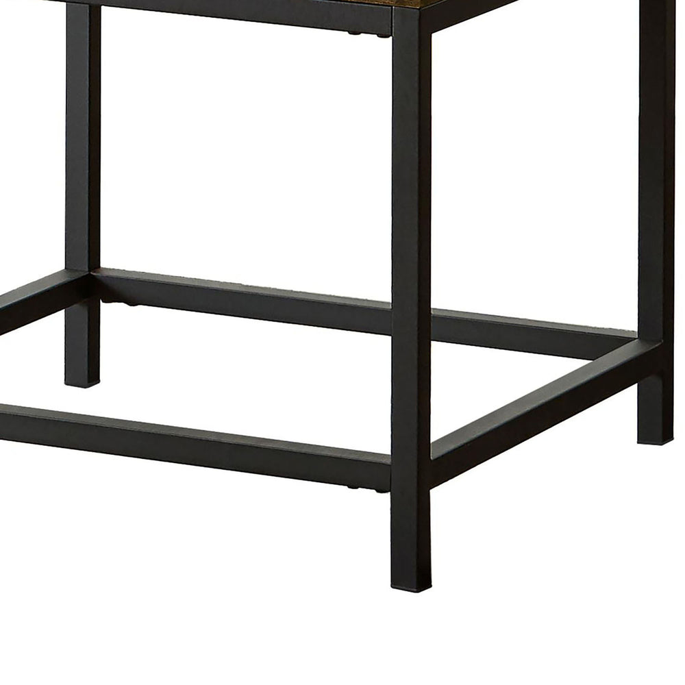 English Elm Brown Oak Square End Table With Sandy Black Metal Frame - Rustic Modern Design, Hidden Storage Drawer B062P153628