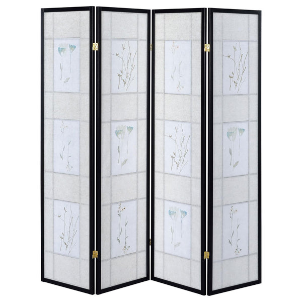English Elm Floral Black 4-Panel Folding Screen with Romantic Floral Motif, Neutral Palette, Pine Frame Accent B062P153645