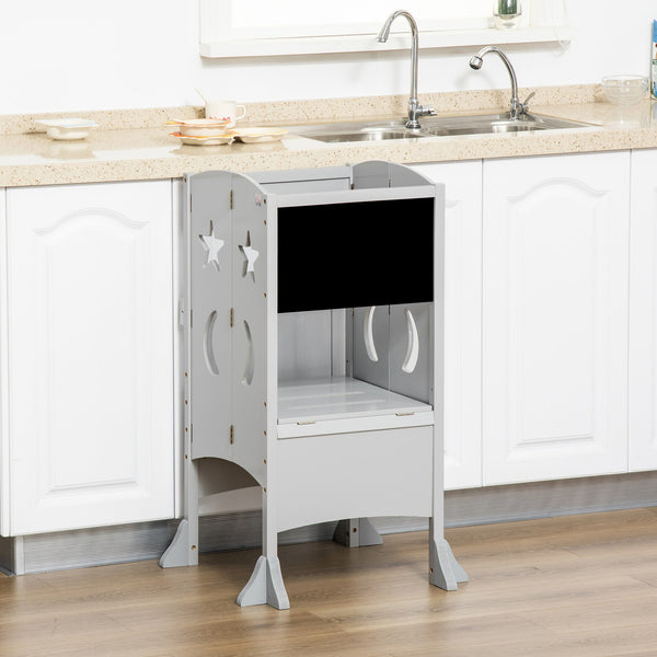 English Elm Kids Foldable Kitchen Step Stool Tower with Chalkboard & Lockable Handrail, Safe 3-6 Yr Helper Gray W2225P154790