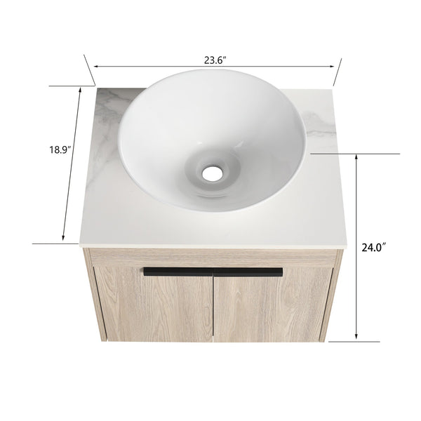 English Elm 24" Modern Floating Bathroom Vanity Set With Ceramic Sink & Soft-Close Doors - White Oak Design W999S00019