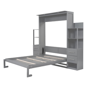 English Elm Queen Murphy Wall Bed with Led Lighting Open Shelves Drawers Space Saving Cabinet LP000566AAE-1