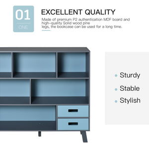 English Elm 3-Tier Kids Bookcase with Drawers and Cubby Storage, MDF & Pine Legs, Sturdy Floor Standing Organizer Blue W2225P154791