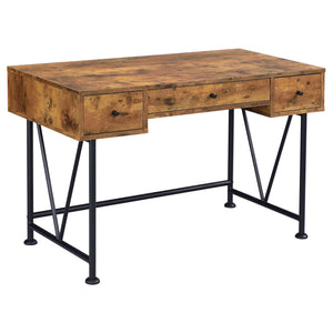 English Elm Antique Transitional 3-Drawer Writing Desk in Antique Nutmeg & Black with Bronze Handles, Sleek Metal Frame B062P153666