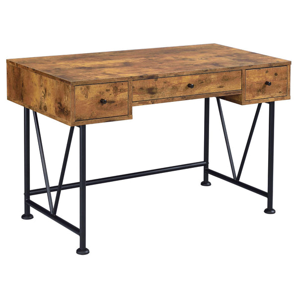 English Elm Antique Transitional 3-Drawer Writing Desk in Antique Nutmeg & Black with Bronze Handles, Sleek Metal Frame B062P153666