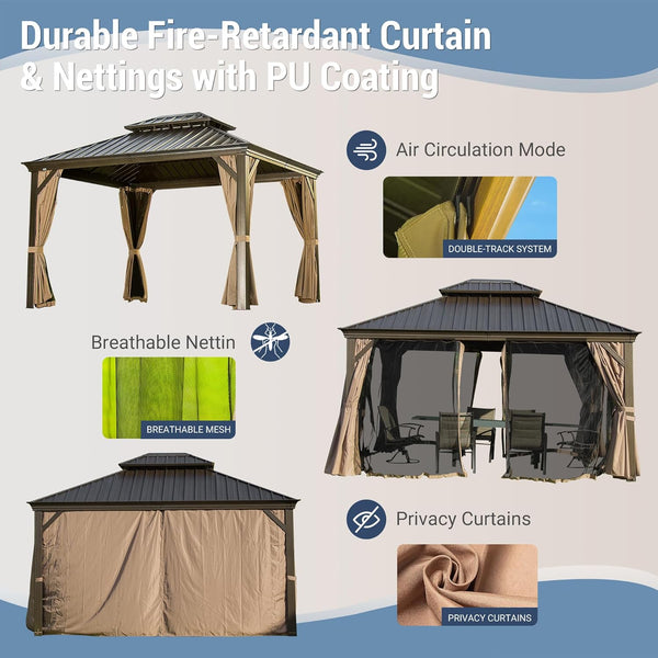 English Elm Hardtop Outdoor Aluminum Gazebo With Galvanized Steel Canopy, Curtains & Netting For Patios W1859S00002