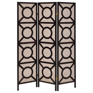 English Elm Tan Geometric Circle 3-Panel Folding Screen in Cappuccino Frame — Modern Privacy Divider, Jute Pine Finish B062P153652