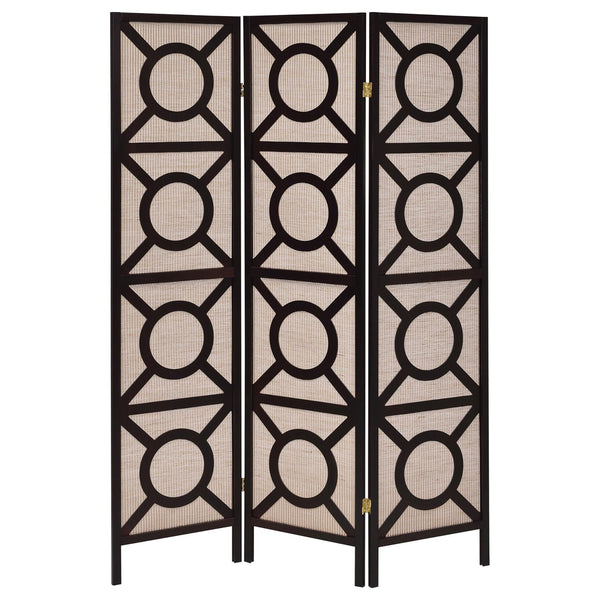 English Elm Tan Geometric Circle 3-Panel Folding Screen in Cappuccino Frame — Modern Privacy Divider, Jute Pine Finish B062P153652