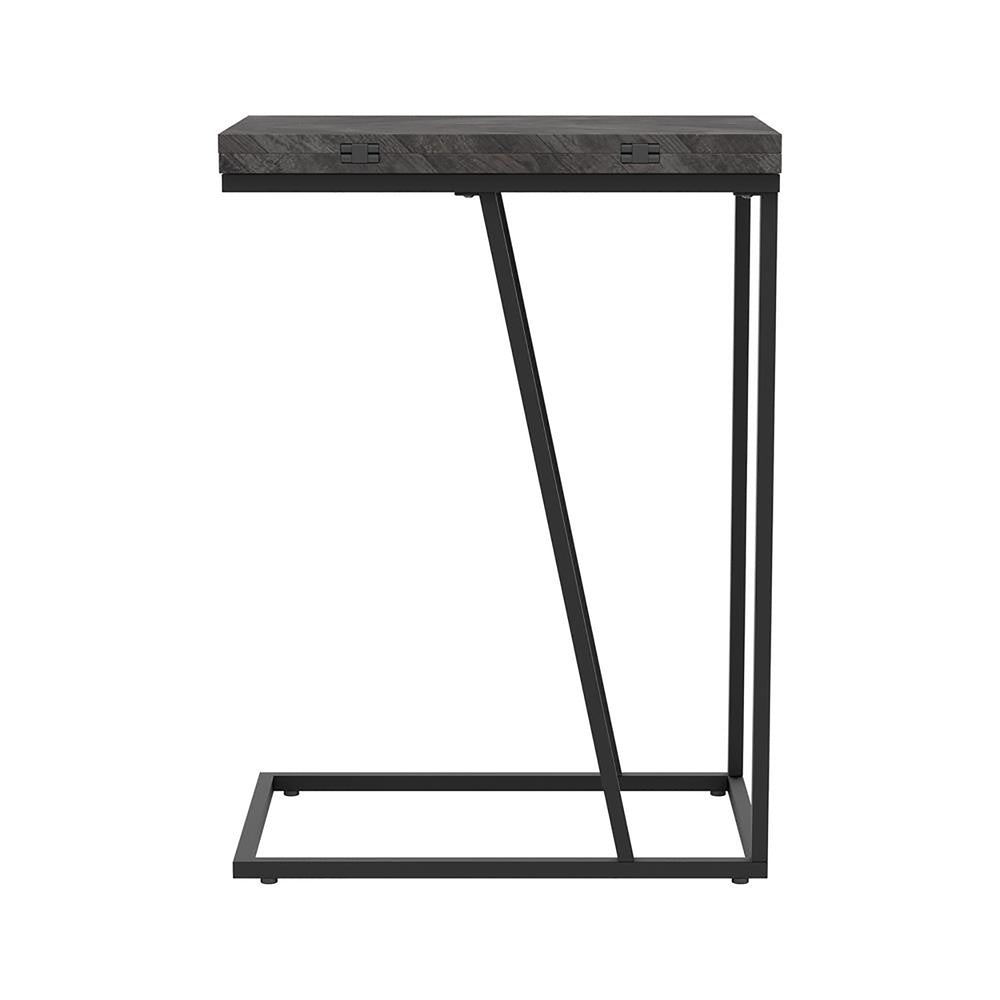English Elm Rustic Modern Grey Herringbone Accent Table with Sandy Black Metal Legs — Sleek Angled Open Design, Compact 25.25" High B062P153643