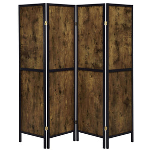 English Elm Antique Rustic Nutmeg & Black 4-Panel Folding Screen — Industrial Cabin Room Divider, Brass Accents B062P153650