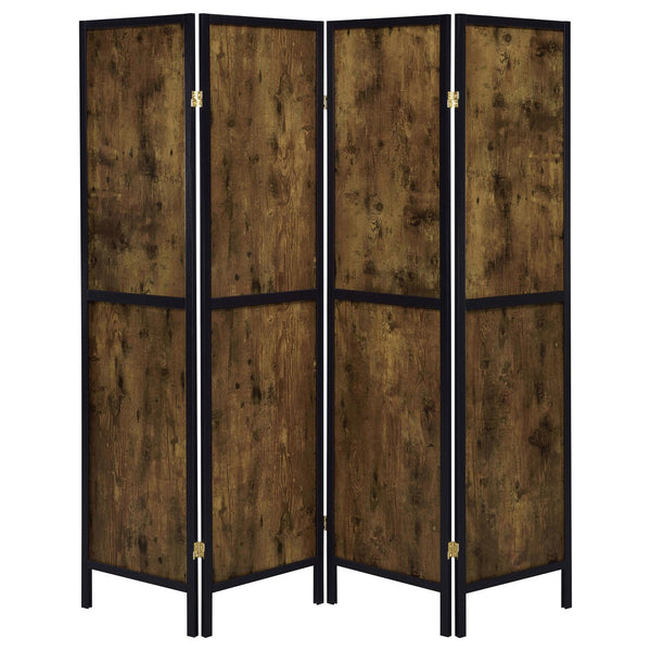 English Elm Antique Rustic Nutmeg & Black 4-Panel Folding Screen — Industrial Cabin Room Divider, Brass Accents B062P153650