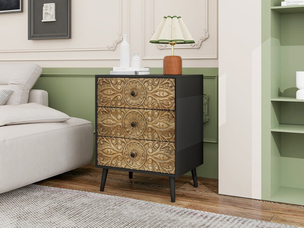 English Elm 3 Drawer Solid Wood Cabinet Hand Carved Relief Fronts Pine Feet Bedroom Storage W688138033