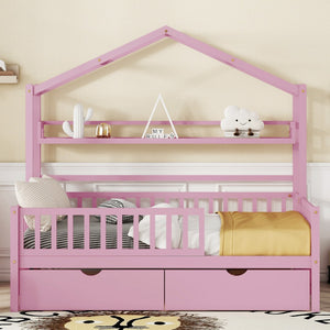 English Elm Wooden Full Size House Bed With 2 Drawers,Kids Bed With Storage Shelf, Pink