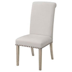 English Elm Beige Rustic Pine Upholstered Parsons Dining Chairs Set of 2 with Nailhead Trim and Rolled-Edge Back —Elegant Craftsmanship and Comfort B062P153699