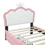 English Elm Twin Size Upholstered Princess Bed With Crown Headboard and 2 Drawers,Twin Size Platform Bed With Headboard and Footboard,White+Pink