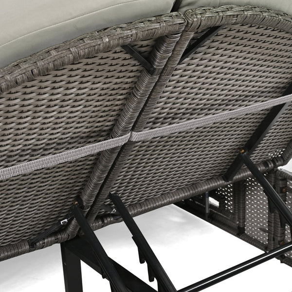 English Elm TOPMAX Outdoor Sun Bed Double Daybed with PE Rattan, 3-Position Recline, Thick Cushions & Trays Gray SP100015AAE