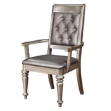 Metallic Platinum Arm Chairs Set of 2 | Crystal Buttons, Leatherette Upholstery | Elegant Design