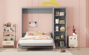 English Elm Full Size Murphy Wall Bed with Integrated Shelving Unit for Studio or Guest Room Gray LP000696AAE-1