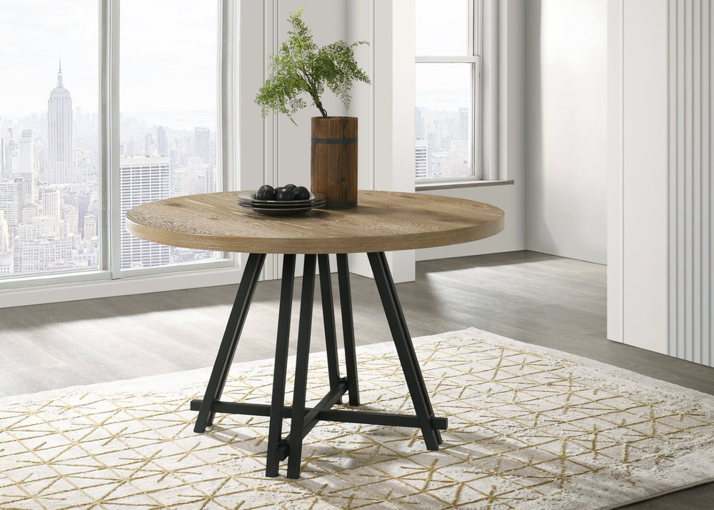 English Elm Tate 47 Inch Round Dining Table Distressed Oak Veneer Top with Industrial Metal Base B061S00784