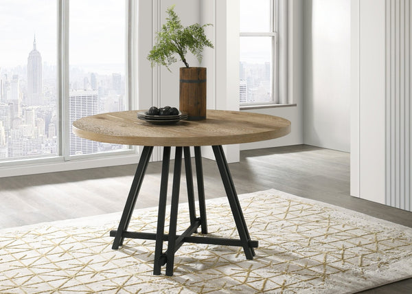 English Elm Tate 47 Inch Round Dining Table Distressed Oak Veneer Top with Industrial Metal Base B061S00784