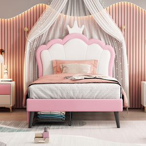 English Elm Twin Size Upholstered Princess Bed With Crown Headboard and 2 Drawers,Twin Size Platform Bed With Headboard and Footboard,White+Pink