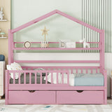 English Elm Wooden Twin Size House Bed With 2 Drawers,Kids Bed With Storage Shelf, Pink