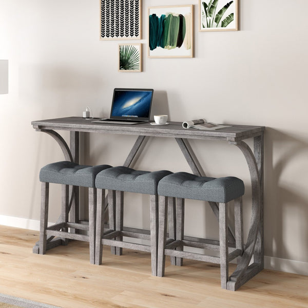 English Elm Bar Table Set with Stools Built-in Charging Outlet Industrial Loft Dining W1781P145876