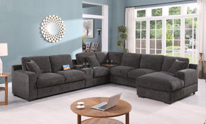 English Elm Celine Chenille Sectional Sofa with Chaise Cupholders and Built-in Charging Ports Gray B061S00805