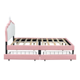 English Elm Full Size Princess Bed With Crown Headboard and 2 Drawers, Full Size Platform Bed With Headboard and Footboard,White+Pink