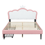 English Elm Full Size Princess Bed With Crown Headboard and 2 Drawers, Full Size Platform Bed With Headboard and Footboard,White+Pink