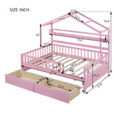 English Elm Wooden Full Size House Bed With 2 Drawers,Kids Bed With Storage Shelf, Pink