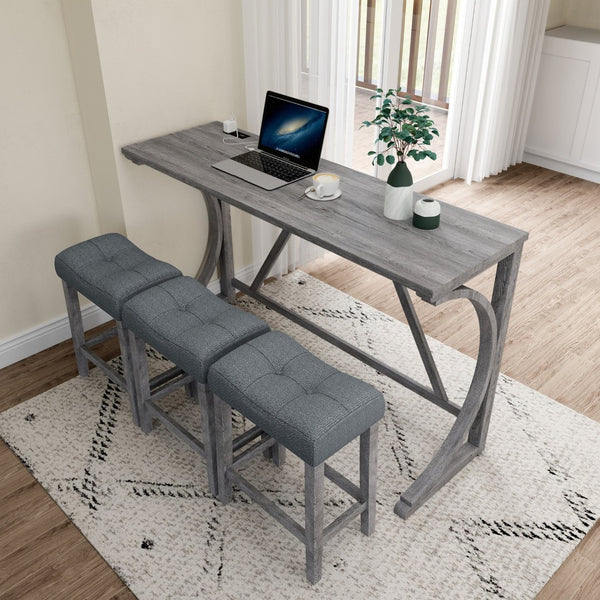 English Elm Bar Table Set with Stools Built-in Charging Outlet Industrial Loft Dining W1781P145876