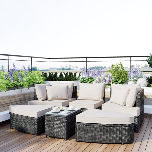 English Elm TOPMAX 6-Piece Patio Conversation Sofa Set with Modular Seating, Thick Cushions & Tempered Glass Table Beige SP100020AAA