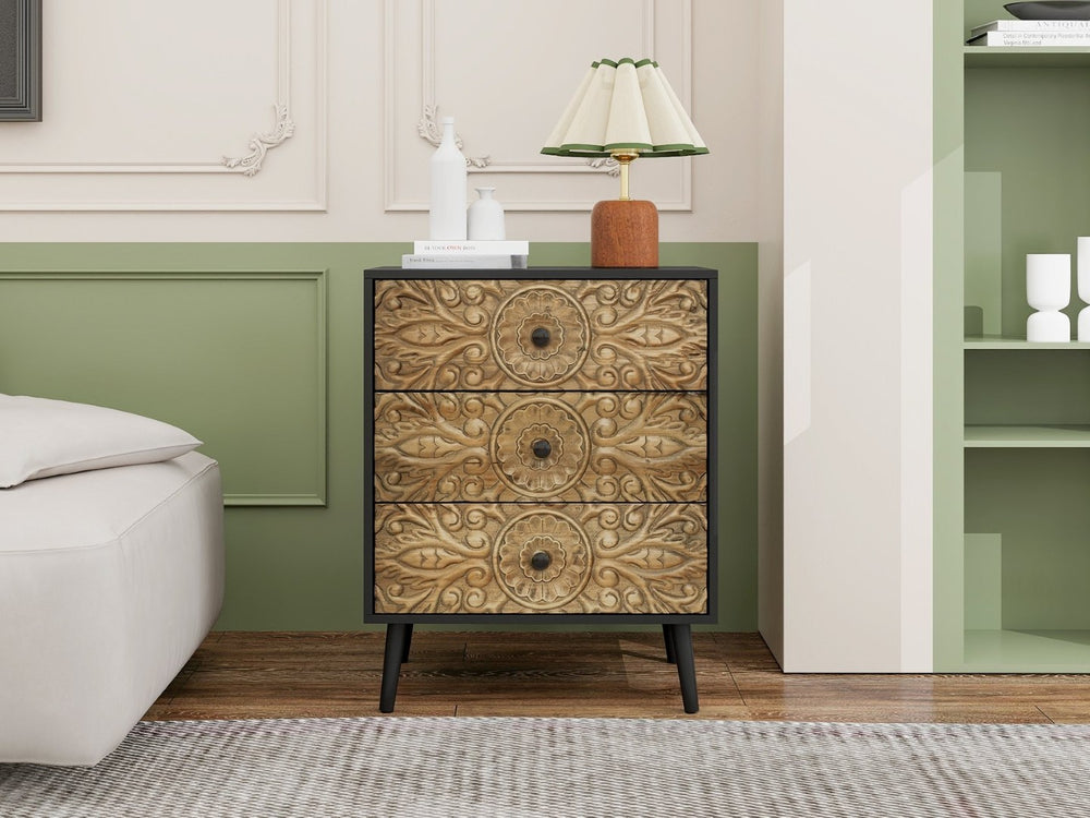 English Elm 3 Drawer Solid Wood Cabinet Hand Carved Relief Fronts Pine Feet Bedroom Storage W688138033